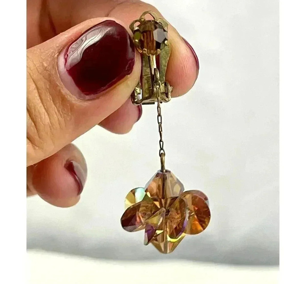 VTG Crystal Dangle Iridescent Clip on Earrings Bronze - Picture 13 of 13